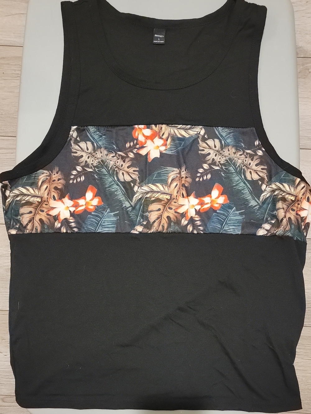 ⭐️Manfinity Black Tank Top with Tropical Floral Chest Band